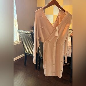 Elegant Pearl-Embellished Sweater Dress